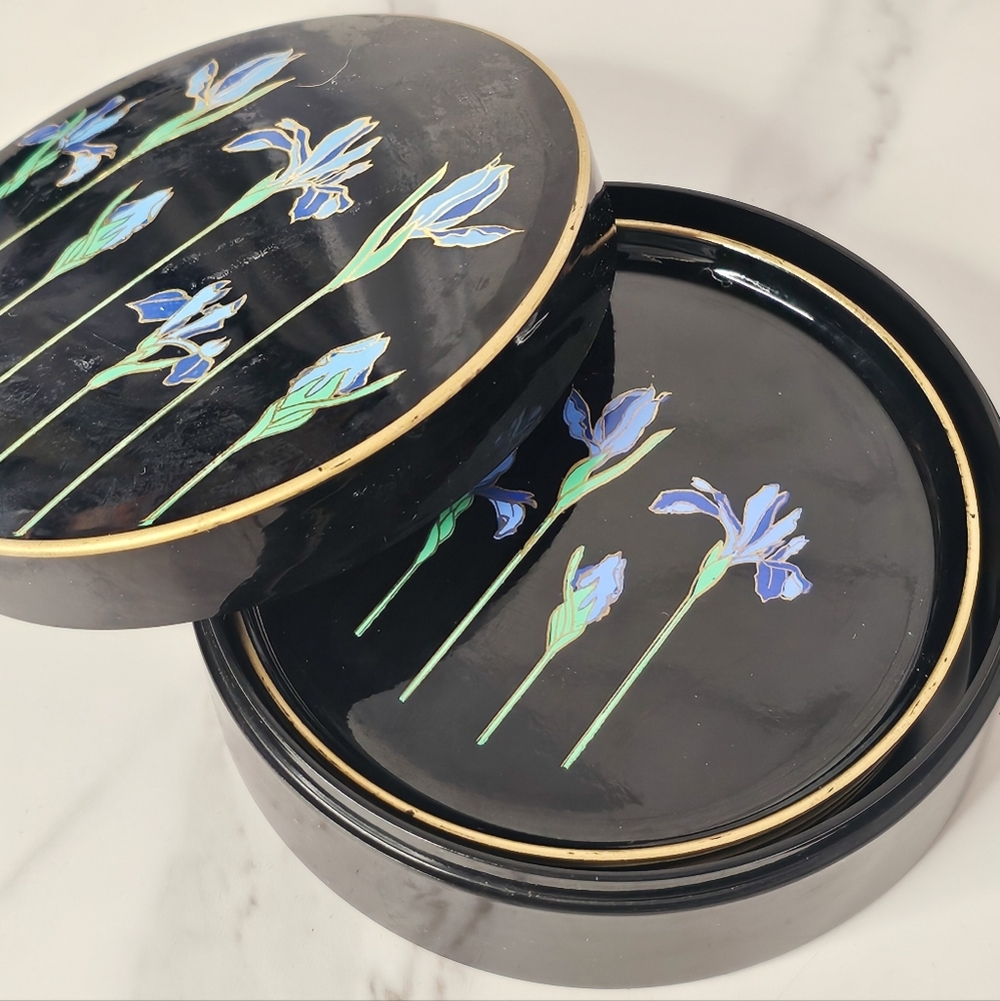 Set of 5 Black Lacquered Art Deco Blue Iris Drink Coasters + Container